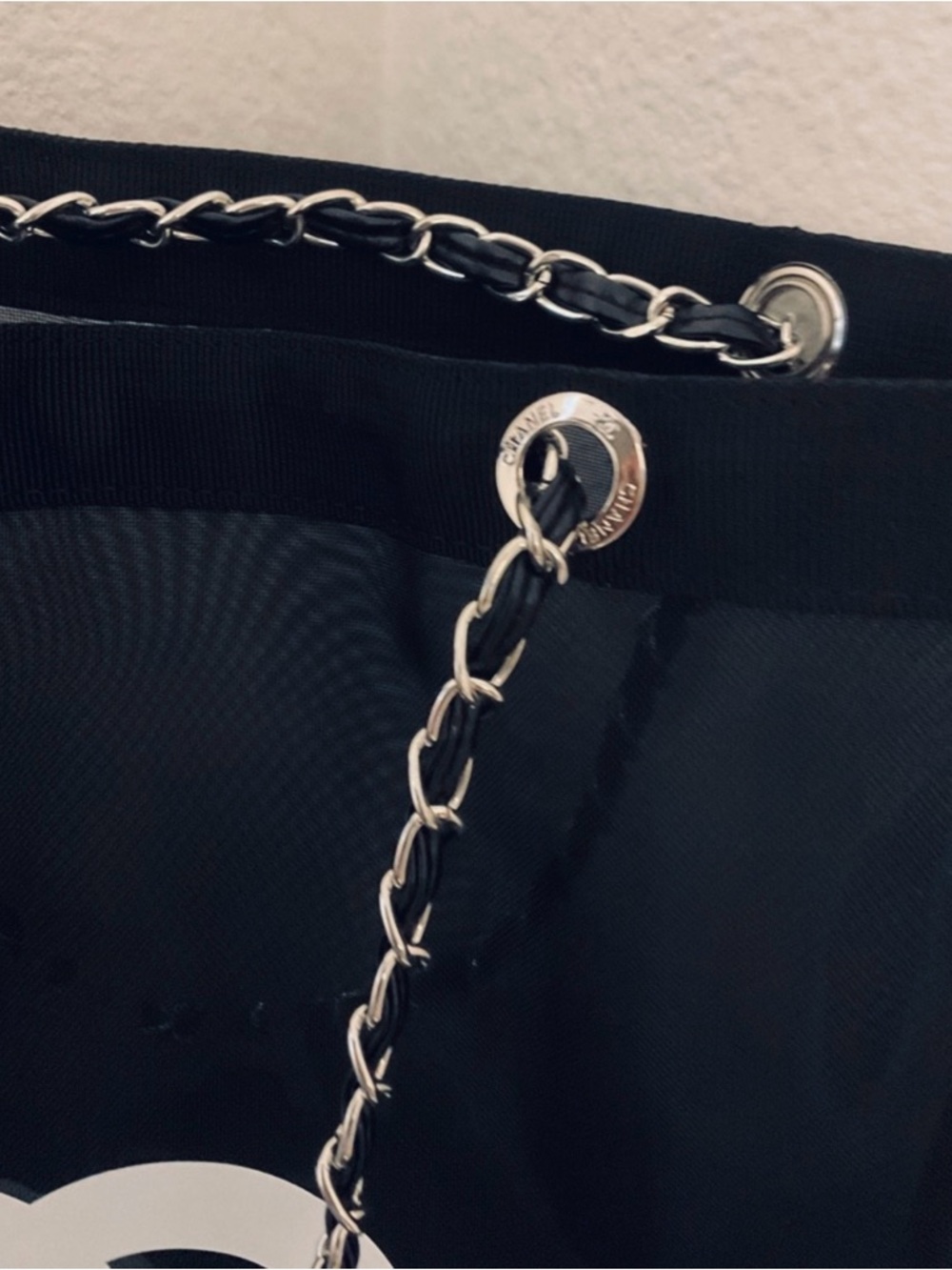 CHANEL Black Mesh Tote with White Logo and Matching Black Pouch - Picture 3 of 4